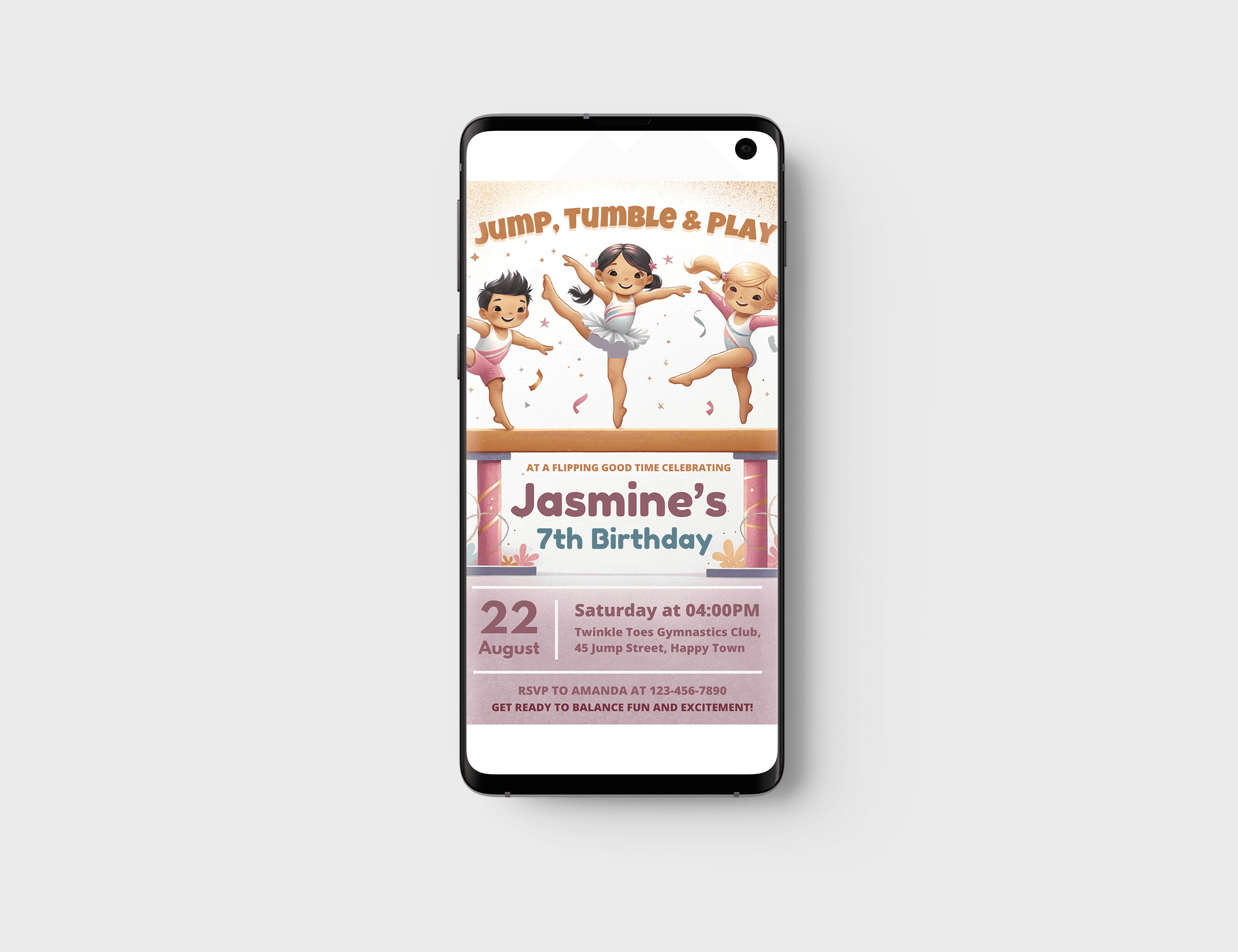 Editable Gymnastics Birthday Party Invite Card, Digital Gymnastics party birthday invitations, Electronic Gymnastics Jump, tumble & Play