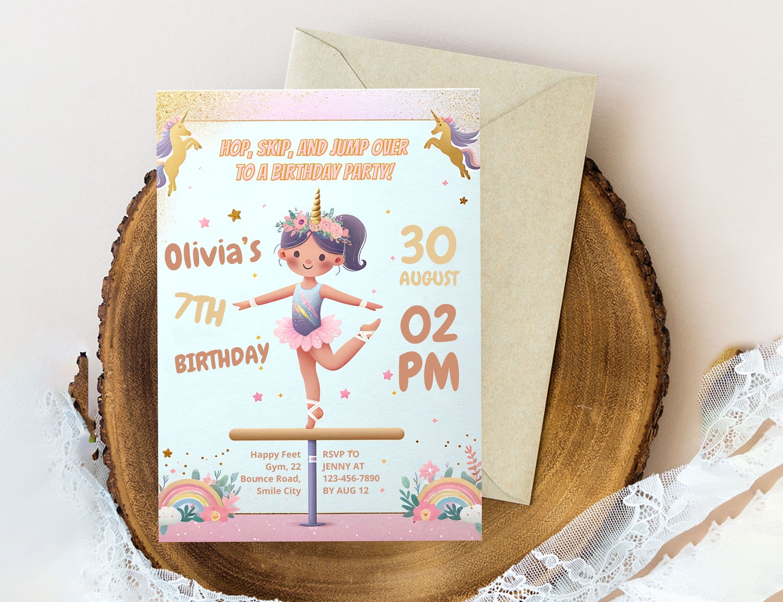 Editable Gymnastics Unicorn Birthday Party Invite Card, Digital Gymnastics party birthday invitations, Electronic Jump, tumble & Play