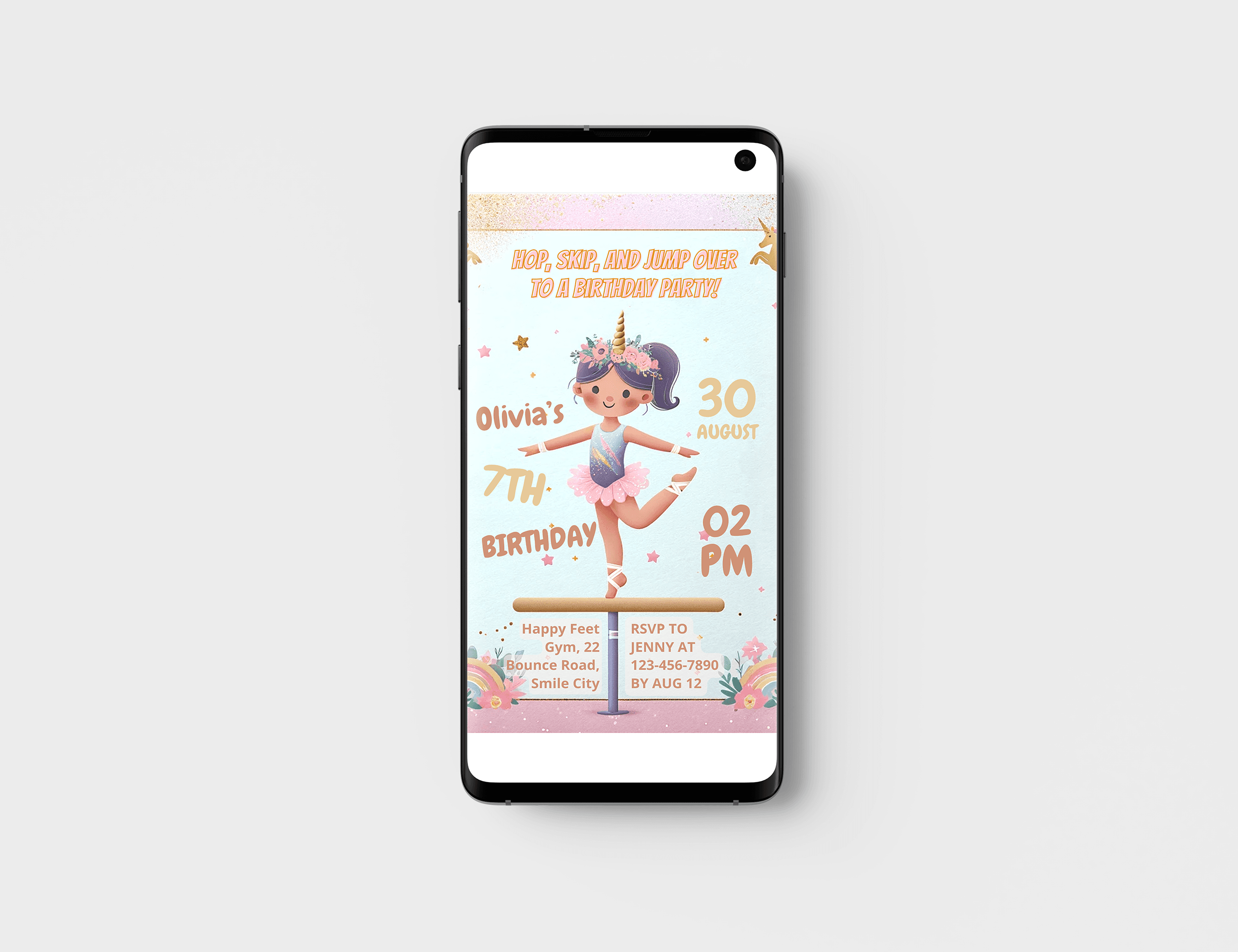 Editable Gymnastics Unicorn Birthday Party Invite Card, Digital Gymnastics party birthday invitations, Electronic Jump, tumble & Play