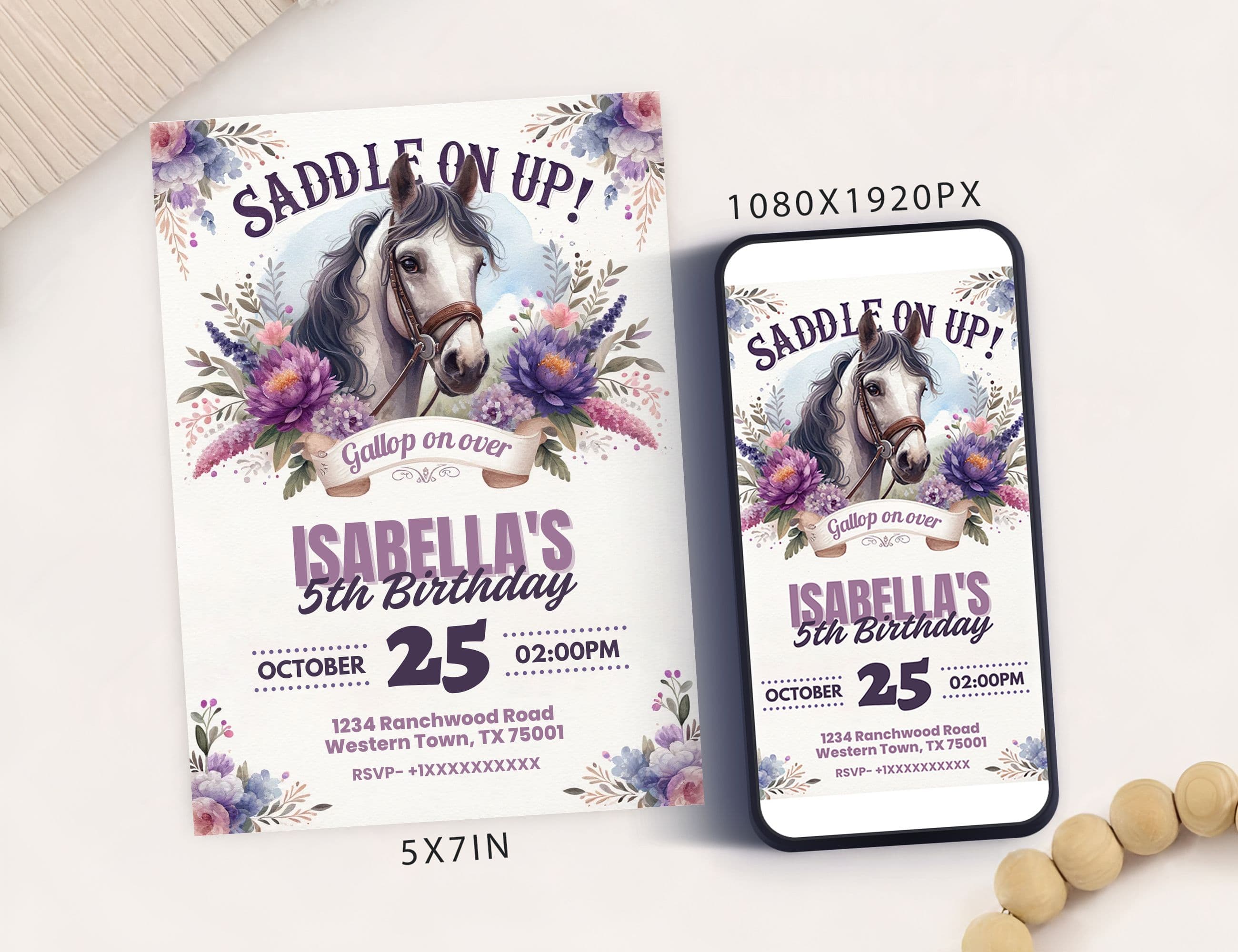 Editable Floral Horse Birthday Invitation Card Editable Template, Cowgirl Birthday Invitation, Girly Horse Birthday Invite, Printable Invite