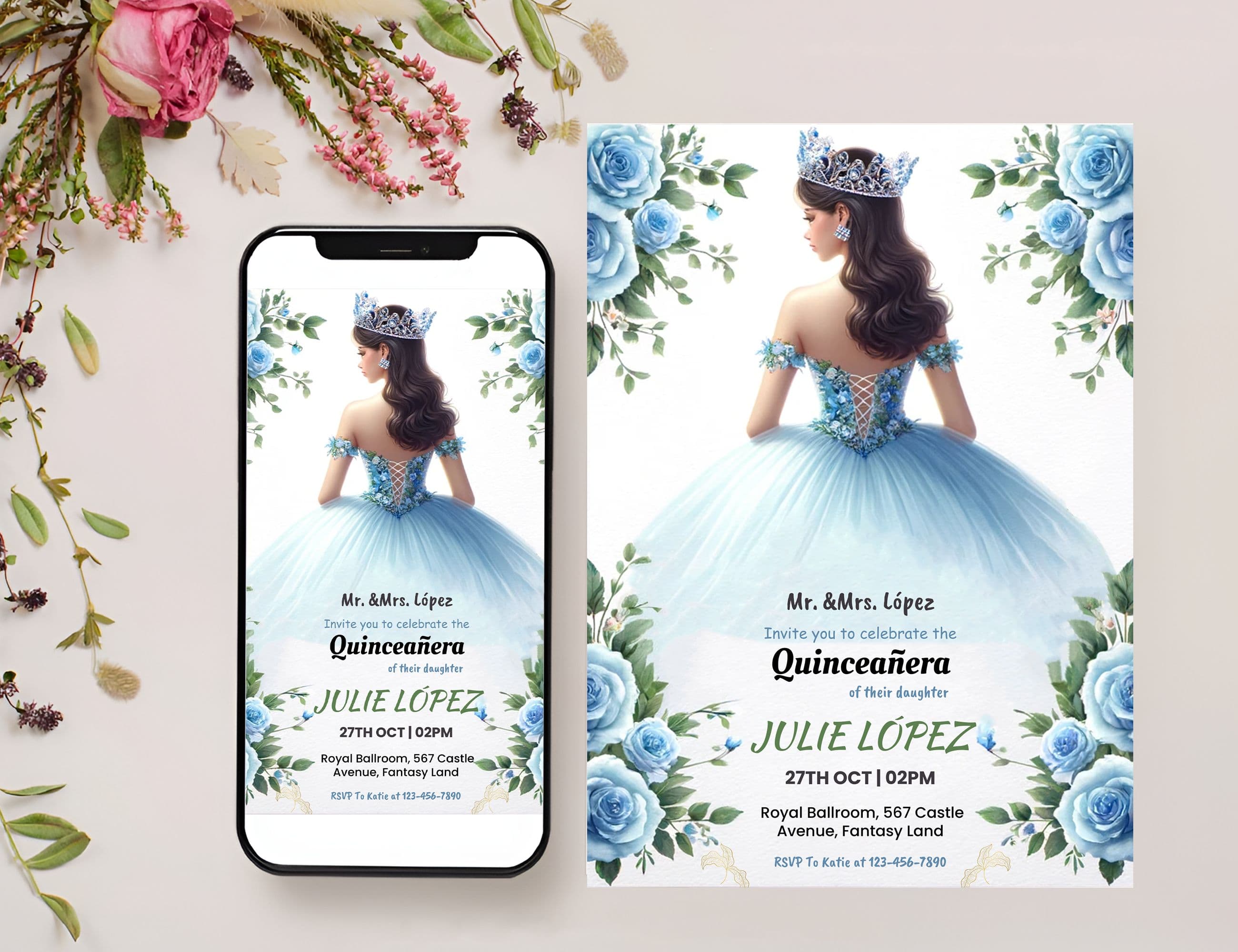Editable Sky Blue Quinceañera Invitation Card Template, Mis Quince Invitation Invite, Digital Quinceanera Invitation Card & Mobile Evite