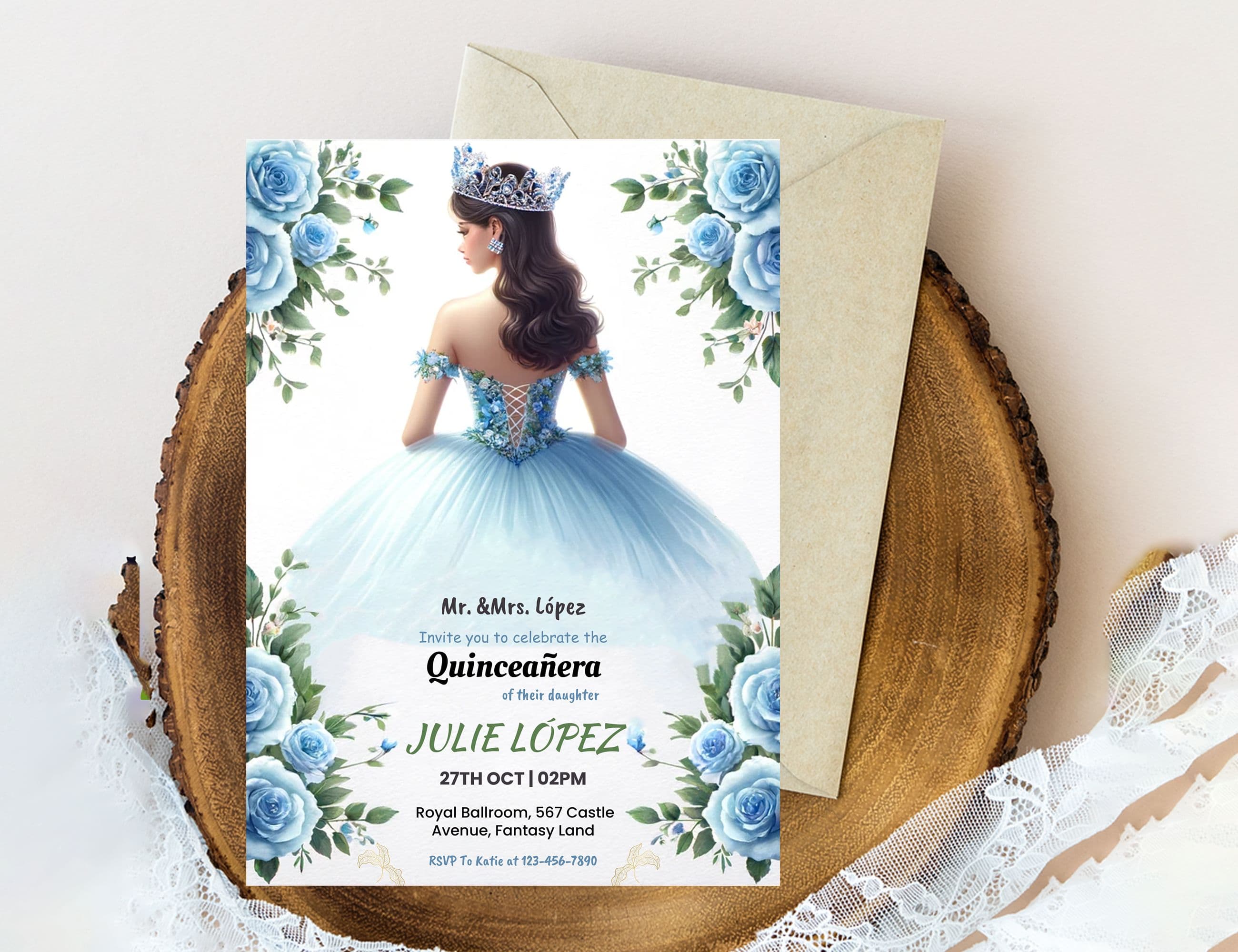 Editable Sky Blue Quinceañera Invitation Card Template, Mis Quince Invitation Invite, Digital Quinceanera Invitation Card & Mobile Evite
