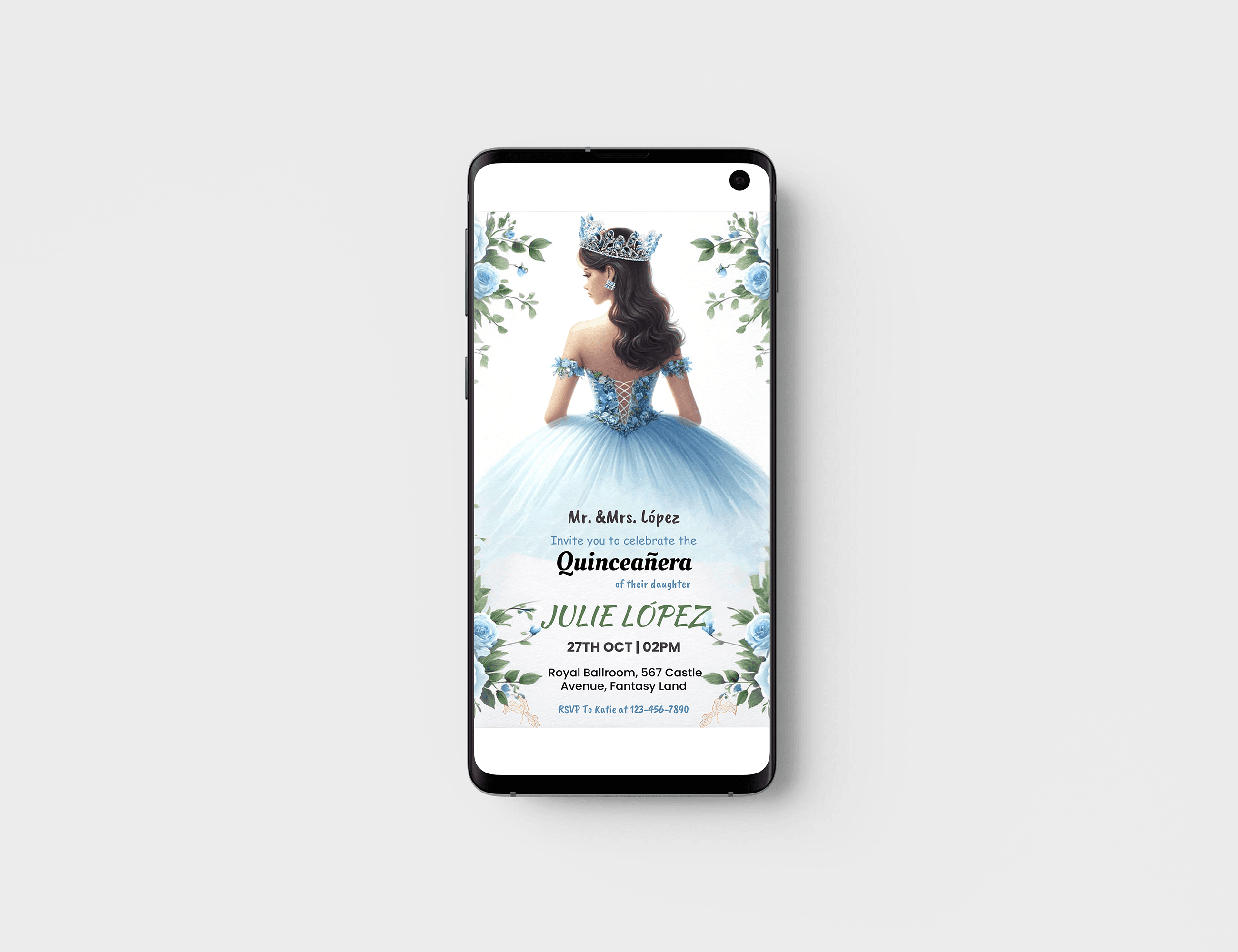 Editable Sky Blue Quinceañera Invitation Card Template, Mis Quince Invitation Invite, Digital Quinceanera Invitation Card & Mobile Evite