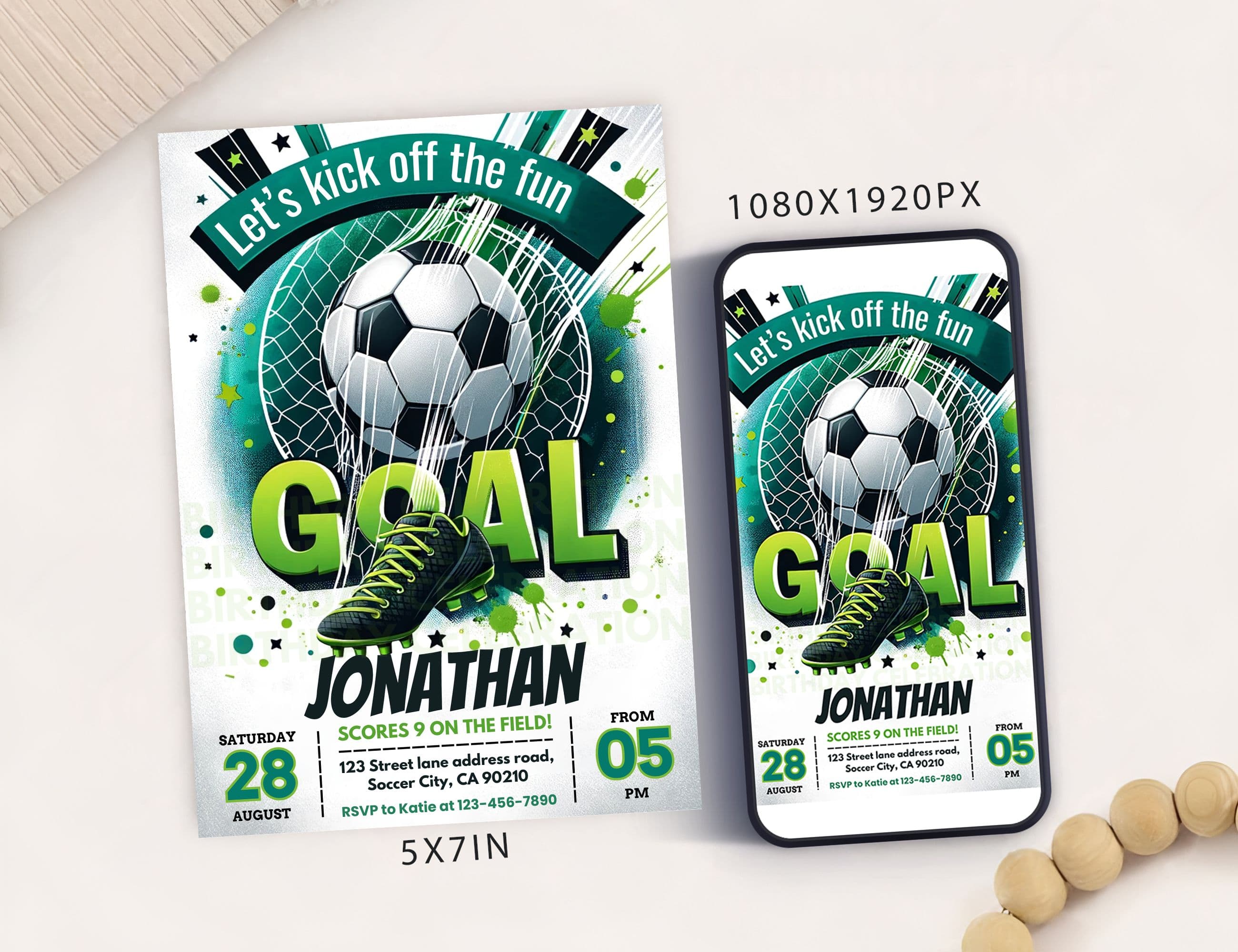 Editable Soccer Themed Birthday Party Invitation Card Template, Digital Football Birthday Invite, Electronic Sports Birthday Mobile Evite
