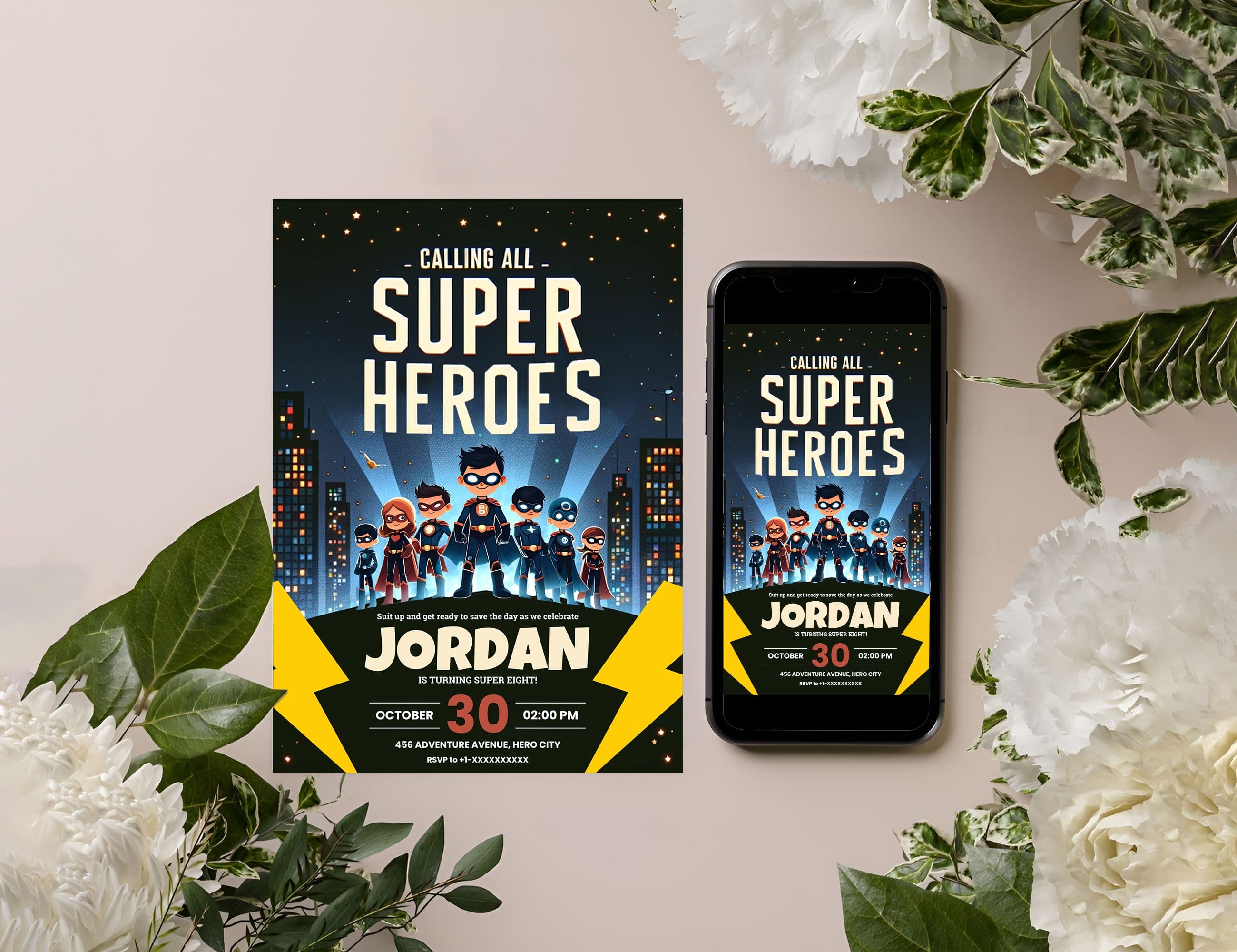Editable Superhero birthday party invitation card template, digital superhero kids' birthday invitation card, printable superhero birthday