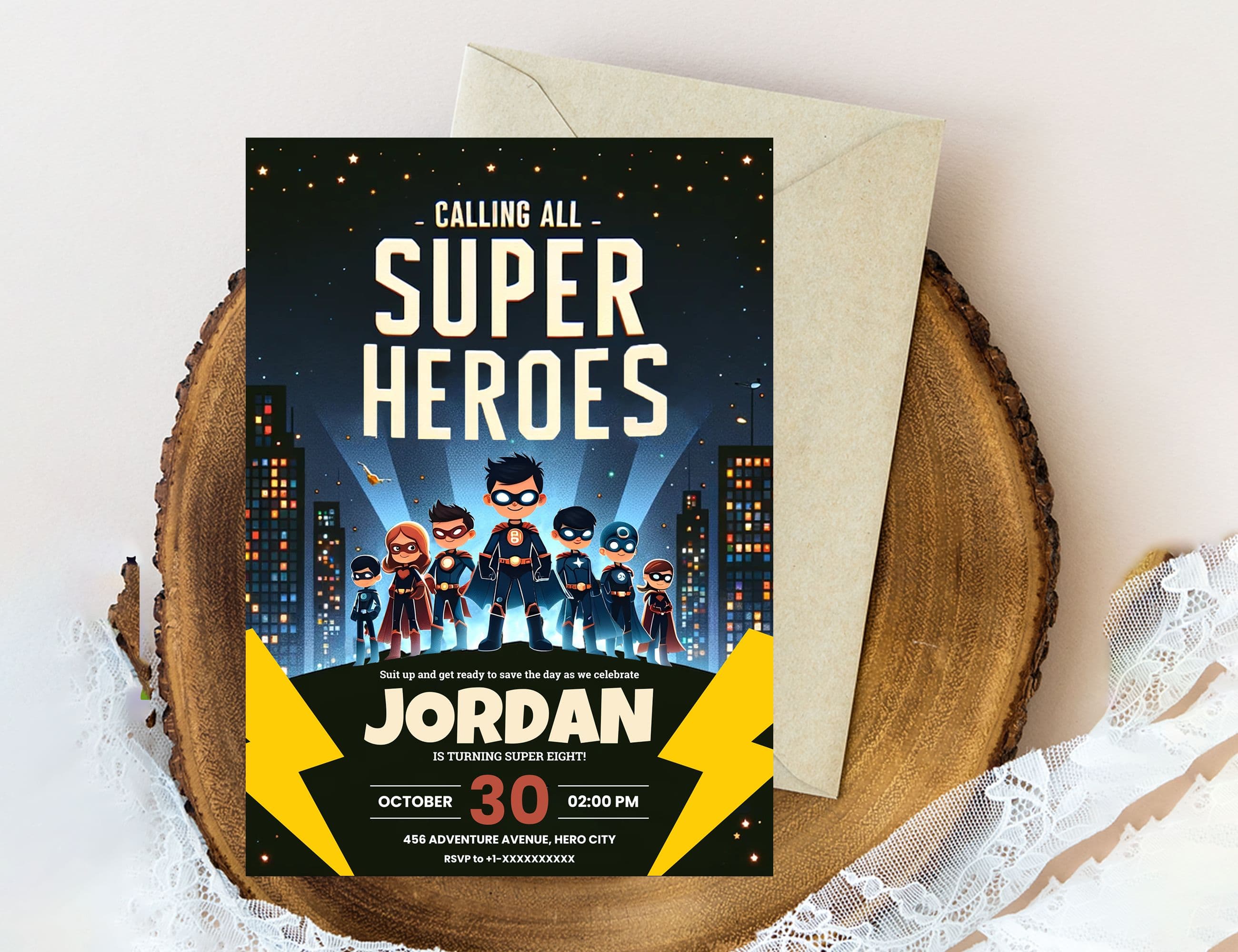 Editable Superhero birthday party invitation card template, digital superhero kids' birthday invitation card, printable superhero birthday