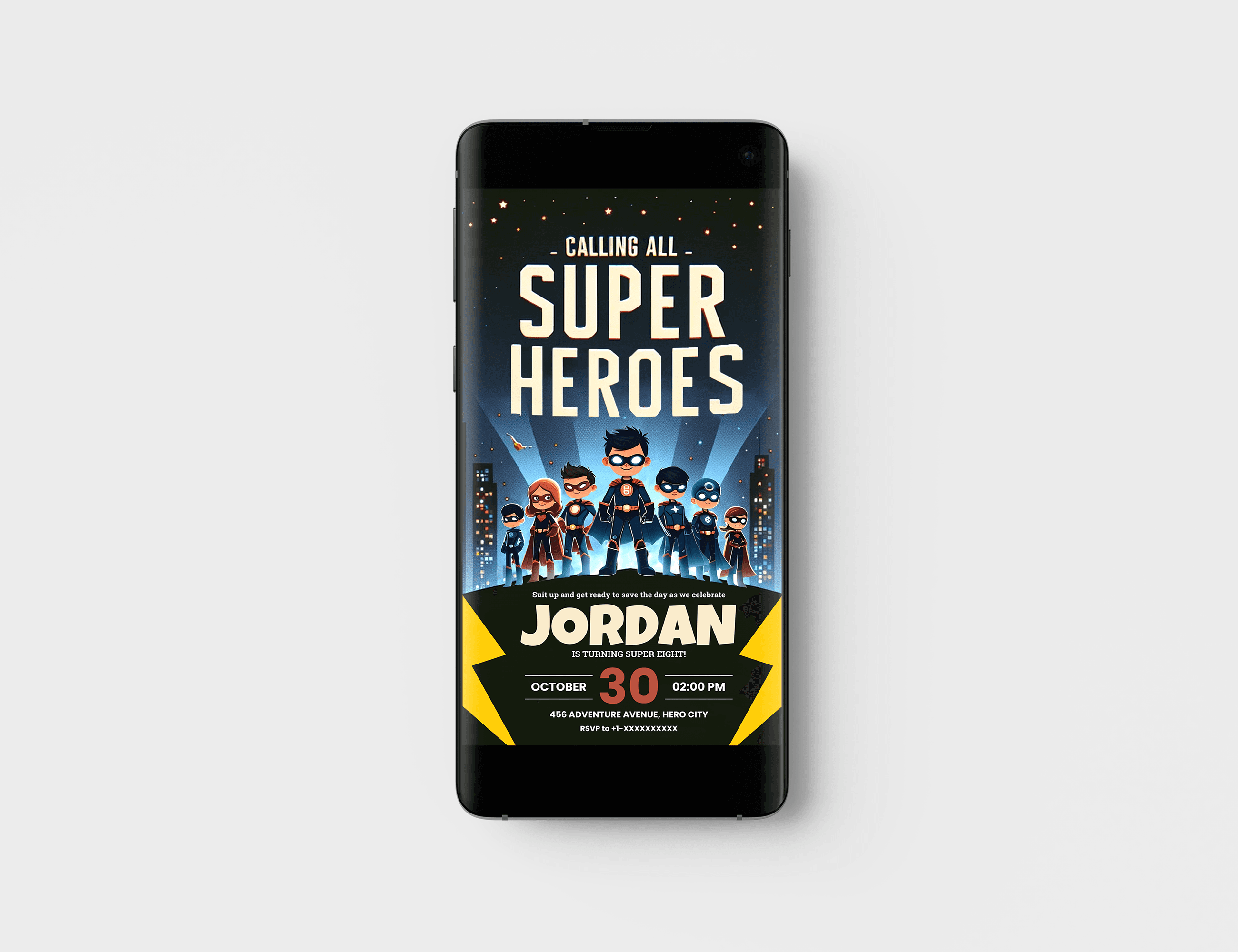 Editable Superhero birthday party invitation card template, digital superhero kids' birthday invitation card, printable superhero birthday