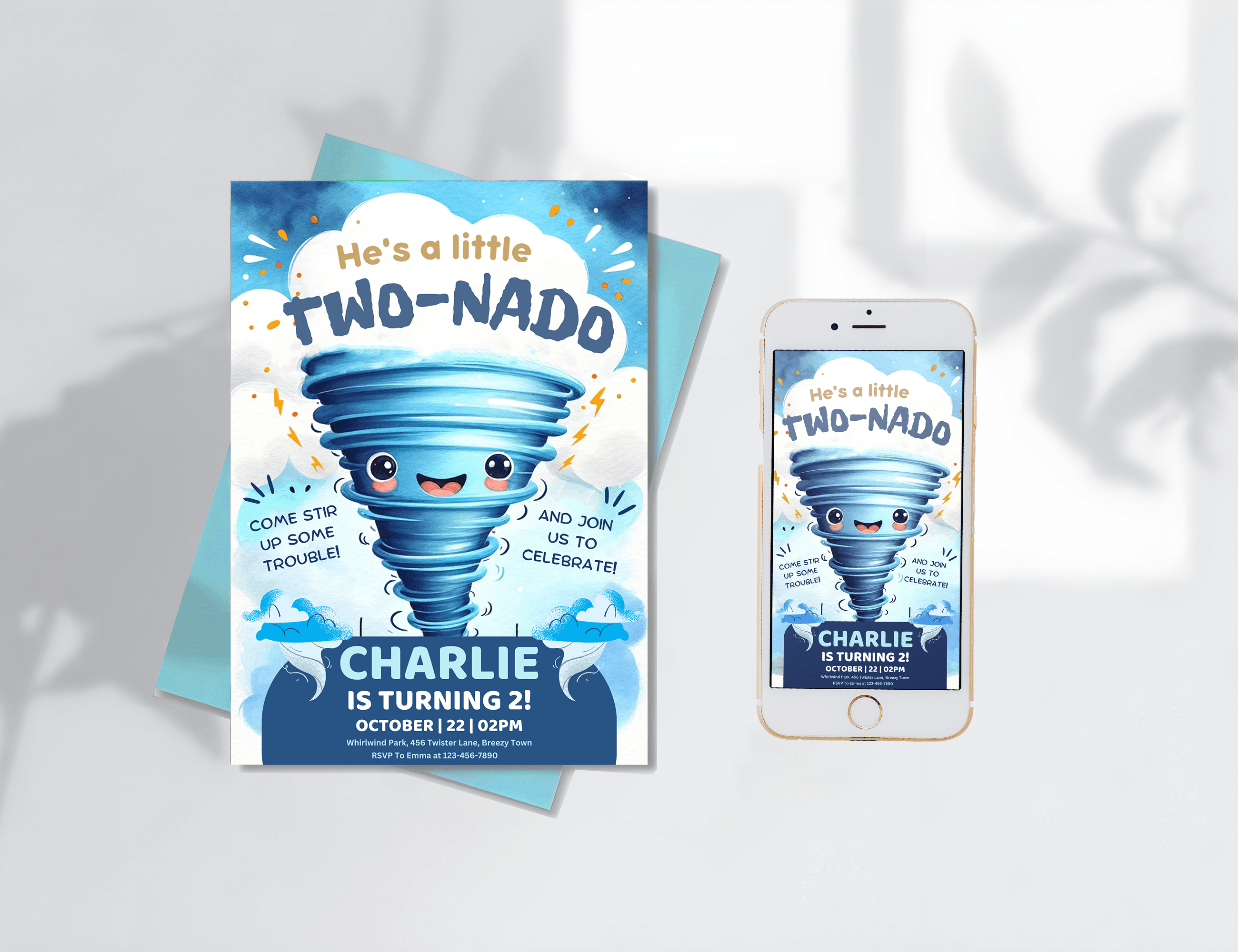 Editable Twonado Birthday Party Invitation Card Template, second birthday invite, Tornado 2nd birthday invitation, 2 year old mobile evite