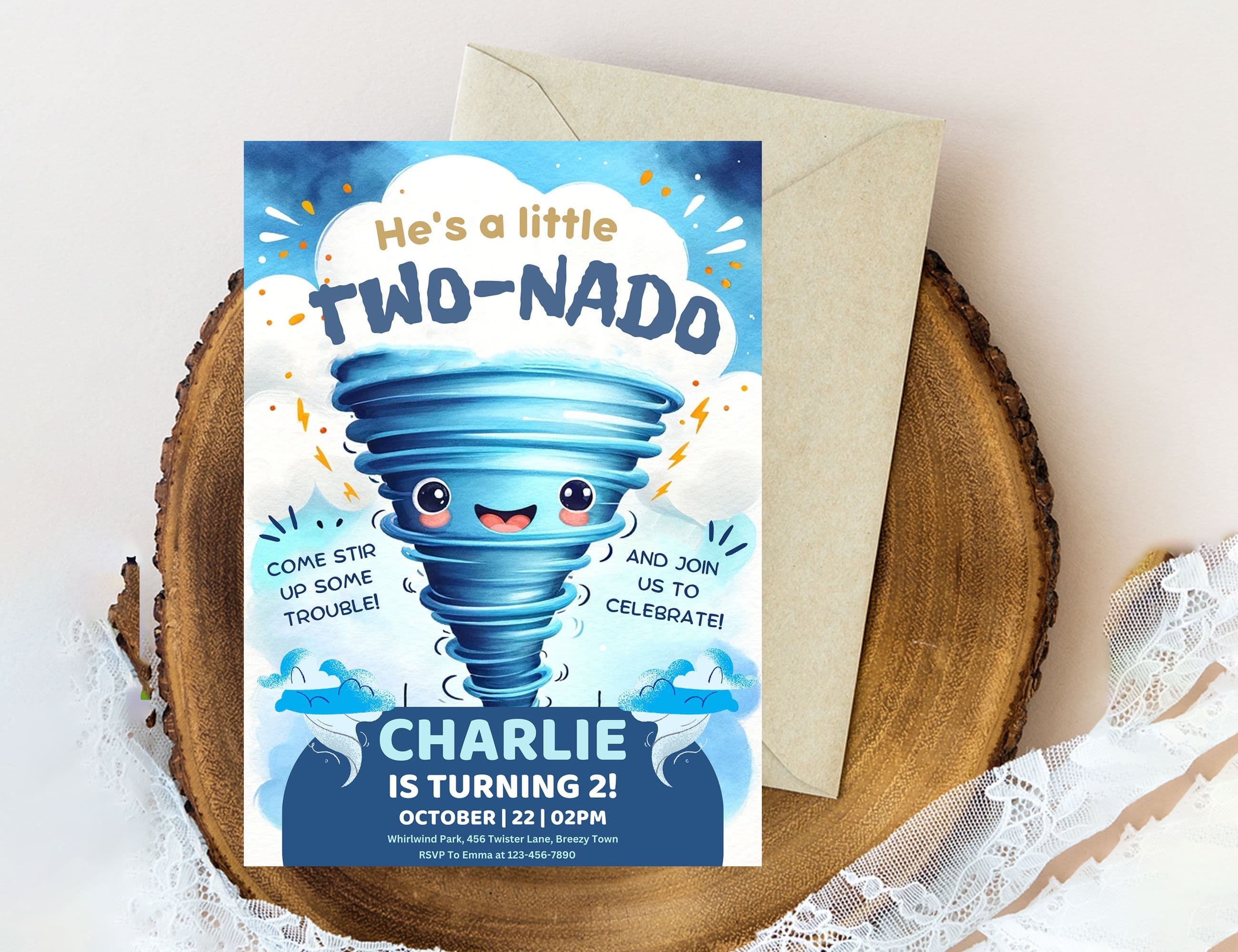 Editable Twonado Birthday Party Invitation Card Template, second birthday invite, Tornado 2nd birthday invitation, 2 year old mobile evite