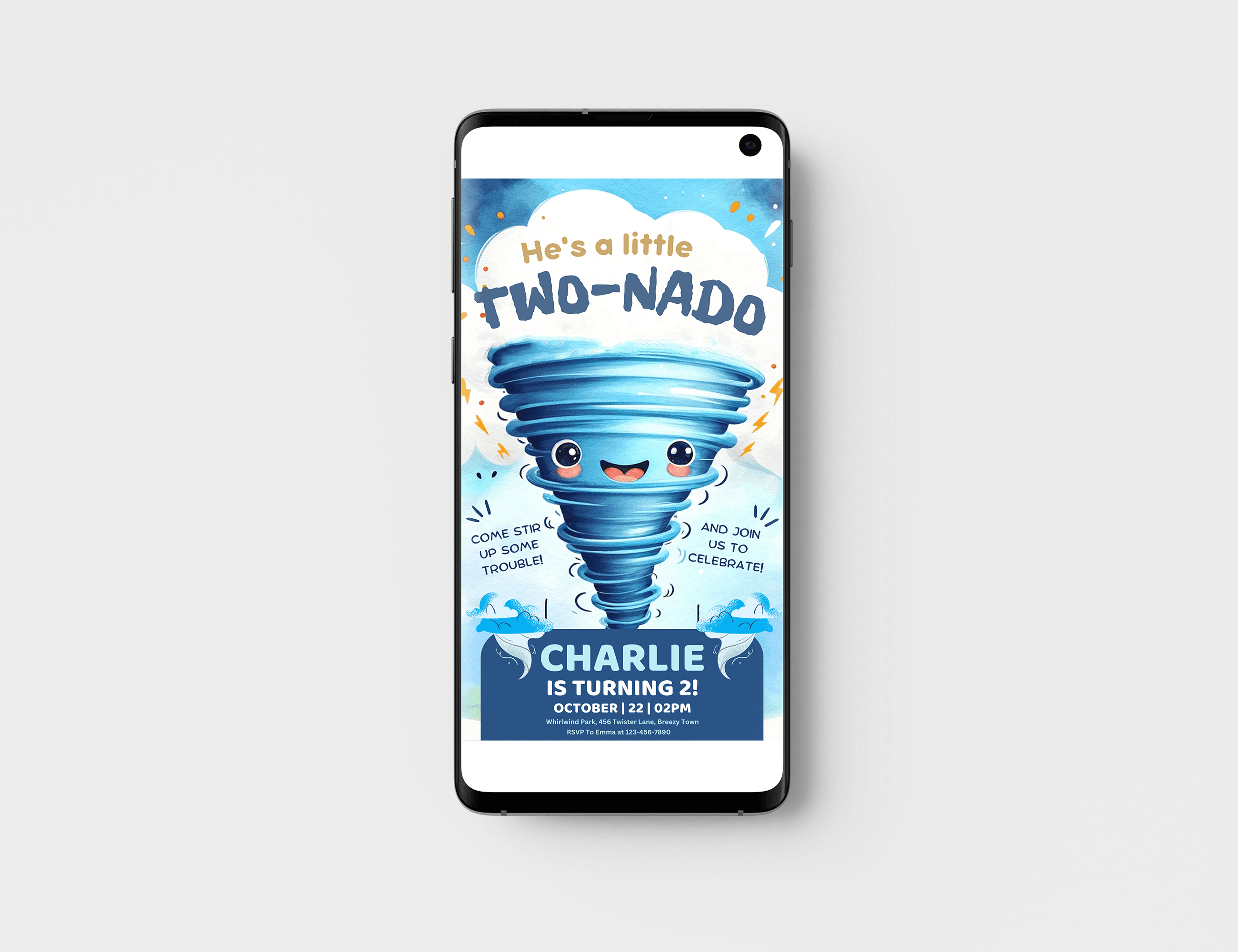Editable Twonado Birthday Party Invitation Card Template, second birthday invite, Tornado 2nd birthday invitation, 2 year old mobile evite